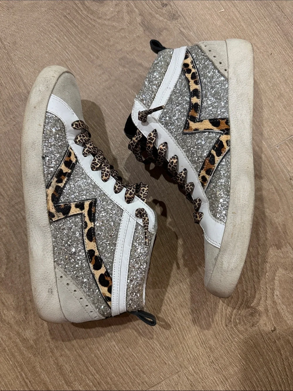 Gianni Bini Glitter High-Top Sneakers with Leopard Panels Golden Goose Dupes